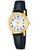 Lorus Damenarmbanduhr mit schwarzem Lederband, goldfarbener Lünette und weißem Zifferblatt