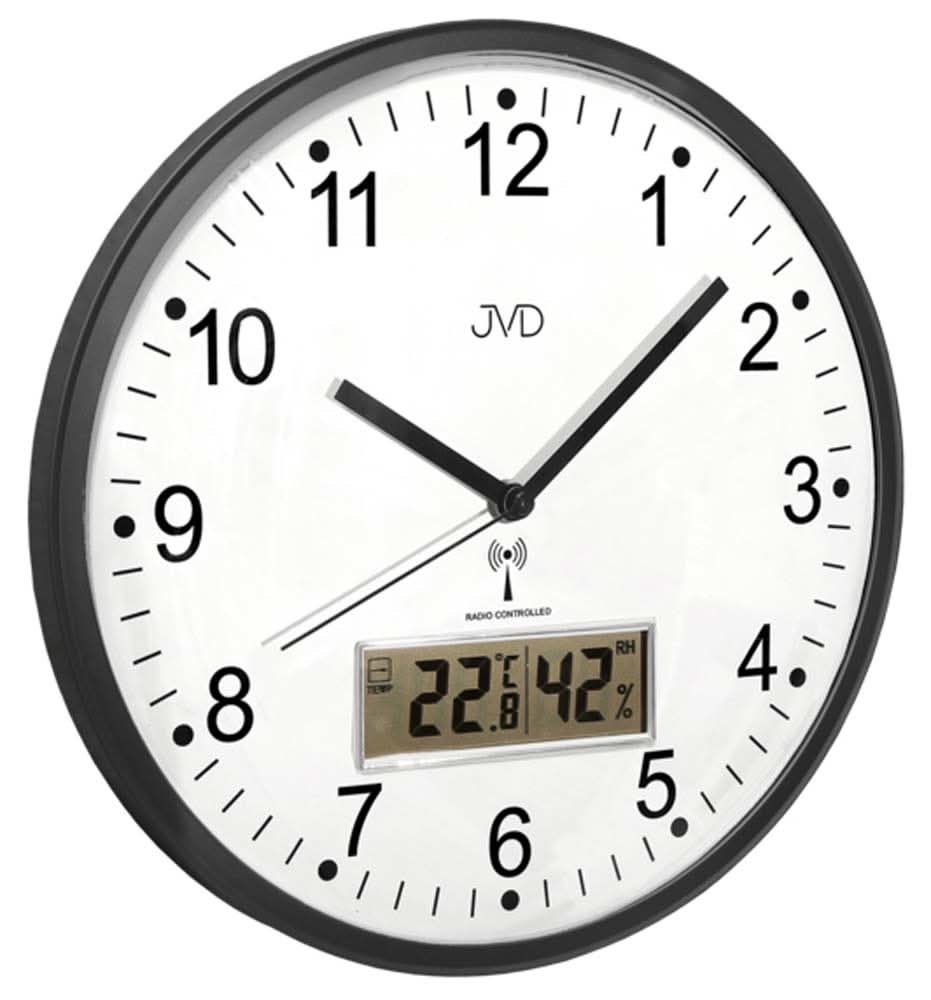 Funkgesteuerte Wanduhr mit schwarzem Kunststoffrahmen, Analogziffern und Digitalanzeige
