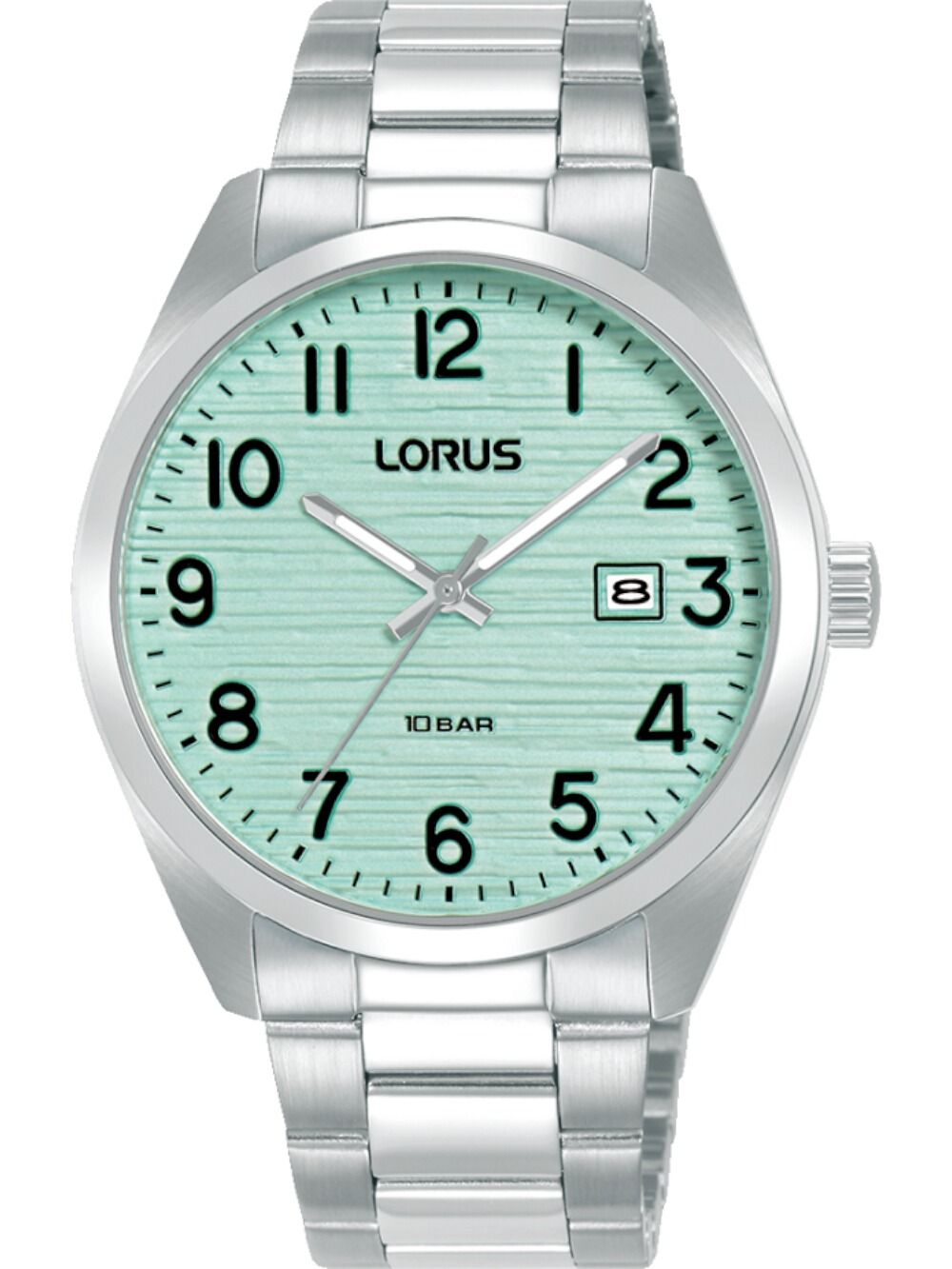 Lorus Herrenarmbanduhr: grünes Zifferblatt, Mineralglas, Edelstahlarmband, runde Krone.