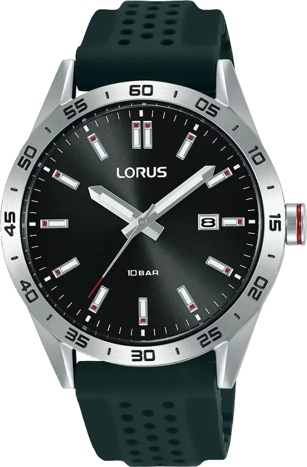 Montre de sport pour homme : cadran noir, boîtier en acier inoxydable, guichet date, bracelet en silicone vert, 10 bars