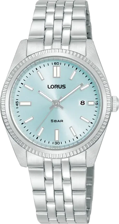 Bracelet de montre pour femme en acier inoxydable avec cadran bleu, logo LORUS, mouvement à quartz et affichage de la date