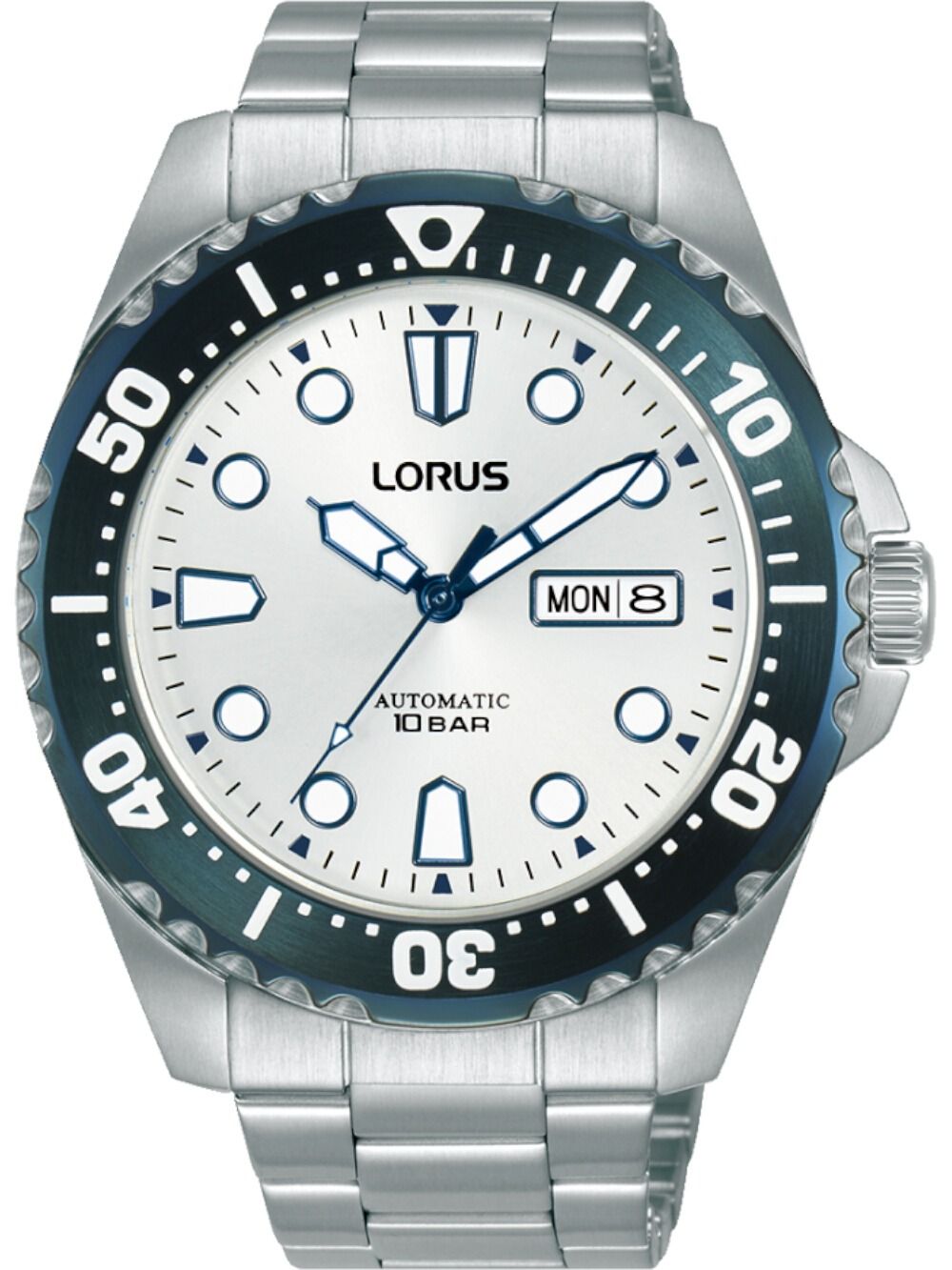 Lorus Herrenuhr mit silbernem Metallarmband, blau-schwarzer Lünette, weißem Zifferblatt und Datum