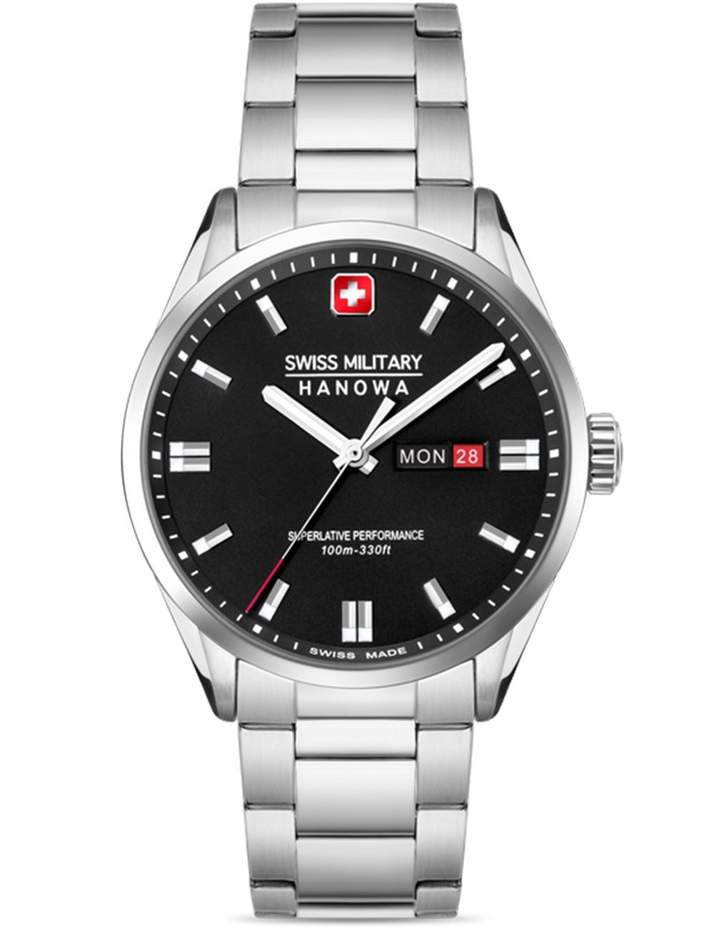 Herrenarmbanduhr Swiss Military Hanowa mit schwarzem Zifferblatt und Metallarmband, Datum „MON 28“.
