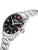 Herrenarmbanduhr mit schwarzem Zifferblatt, roten Akzenten und Metallarmband, Datum „MON 28“.