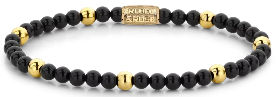 Bracelet avec perles de pierre noires, accents dorés et fermoir en acier inoxydable