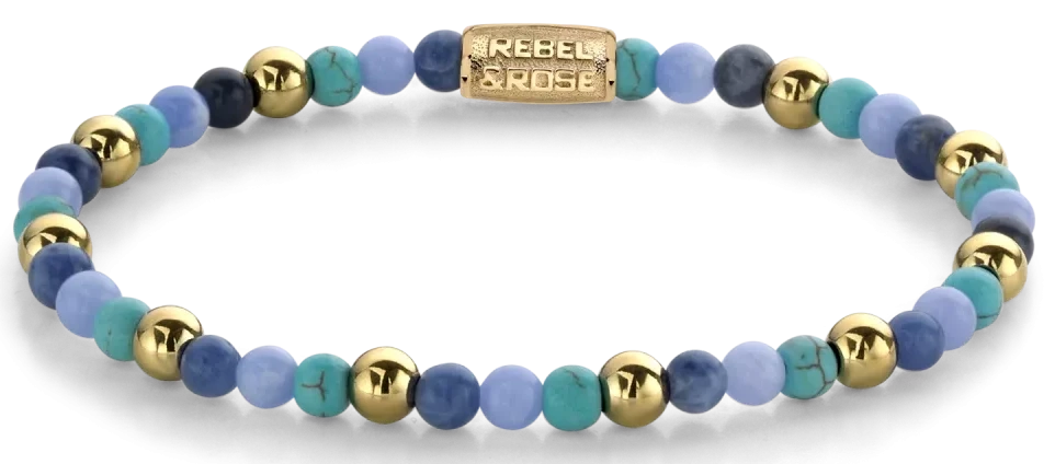 Bracelet en perles de pierres précieuses bleues avec des billes dorées et un fermoir en acier inoxydable