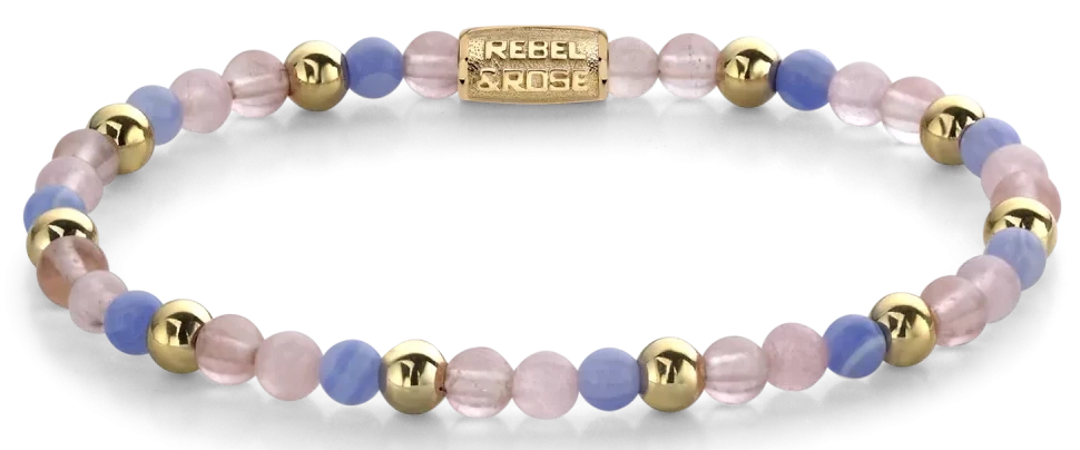 Bracelet en pierre avec perles roses, violettes et bleues, ainsi que des billes et un fermoir dorés