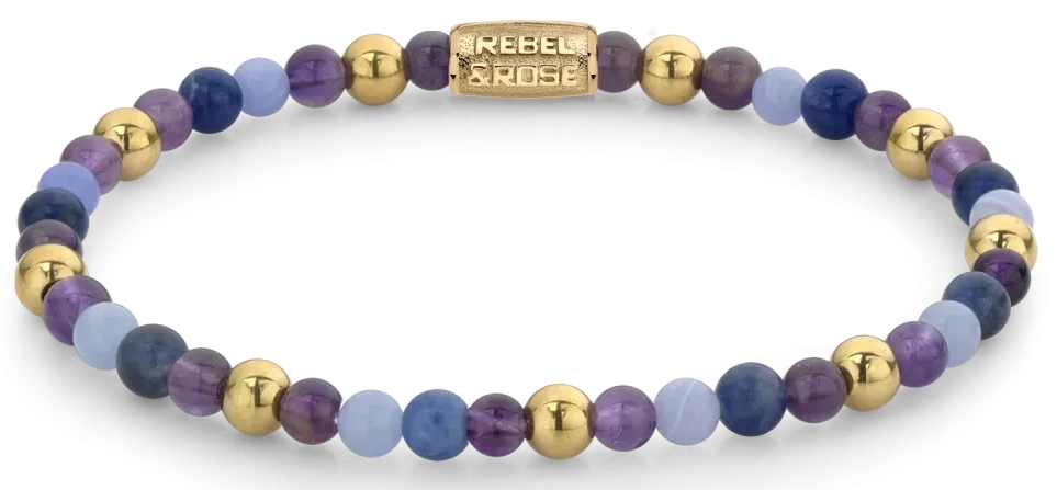 Bracelet en pierres précieuses avec perles violettes et bleues et éléments sphériques dorés