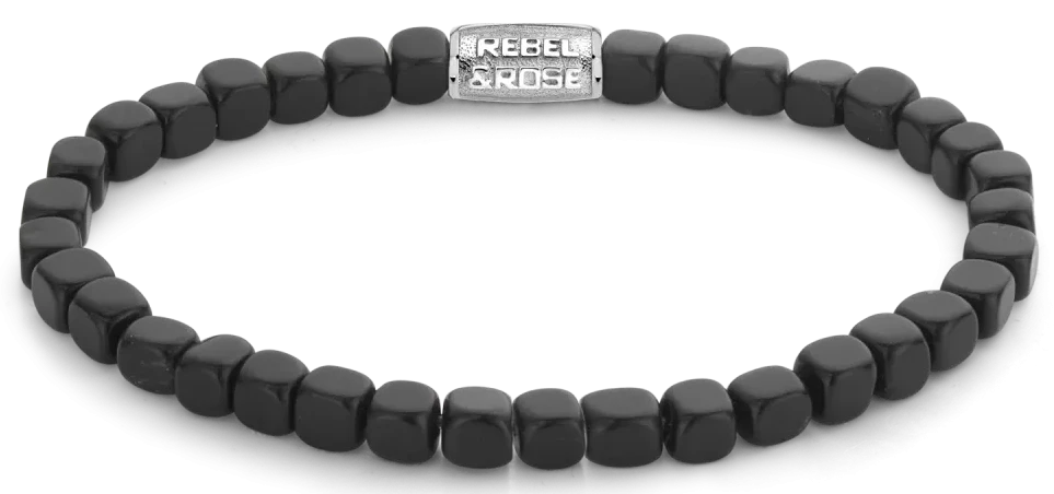 Bracelet avec perles noires cubiques en hématite et fermoir argenté en acier inoxydable