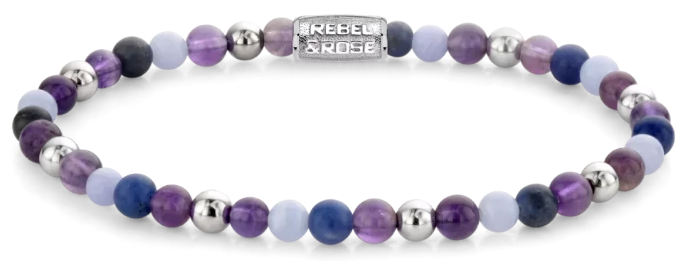 Bracelet avec perles de pierres précieuses violettes et bleues, billes argentées et fermoir en acier inoxydable