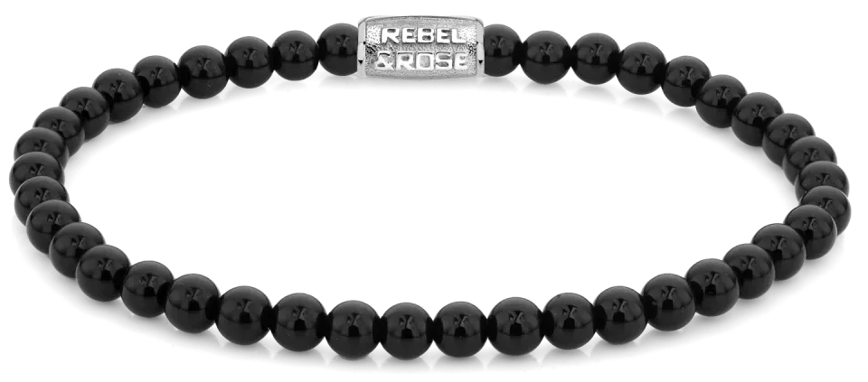 Bracelet en pierres d'onyx de 4 mm avec fermoir en acier inoxydable - Rebel&Rose Modèle : RR-40107-S-M