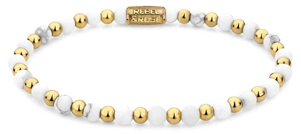 Bracelet en perles d'howlite blanche et billes dorées avec fermoir en acier inoxydable