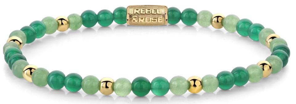 Bracelet en perles de pierres précieuses vertes avec intercalaires dorés et breloque centrale