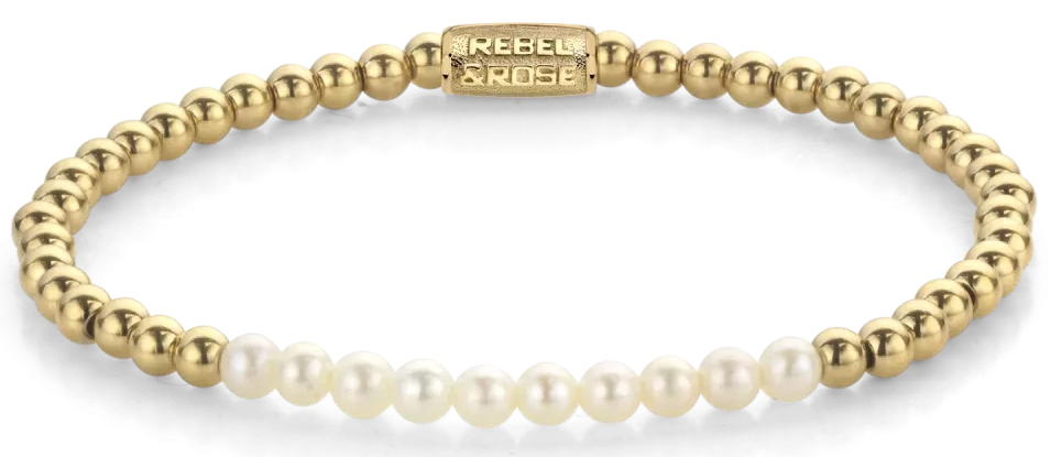 Bracelet avec perles d'eau douce, pierres dorées et fermoir en acier inoxydable (Rebel&Rose)