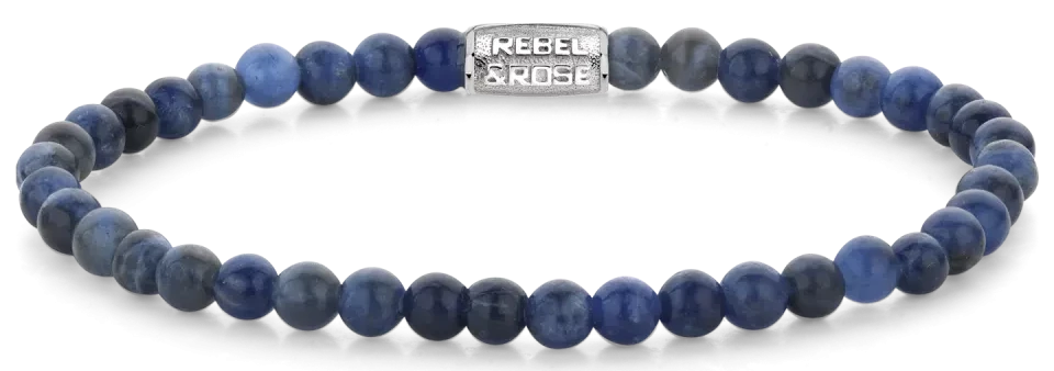 Bracelet en perles rondes de sodalite (4 mm) avec fermoir en acier inoxydable, motif bleu