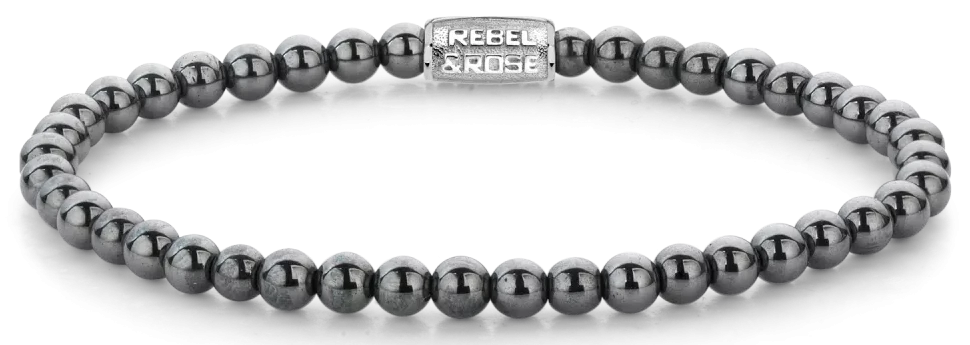 Bracelet avec perles rondes en hématite (4 mm) et chaîne à maillons en acier inoxydable, pendentif Rebel&Rose