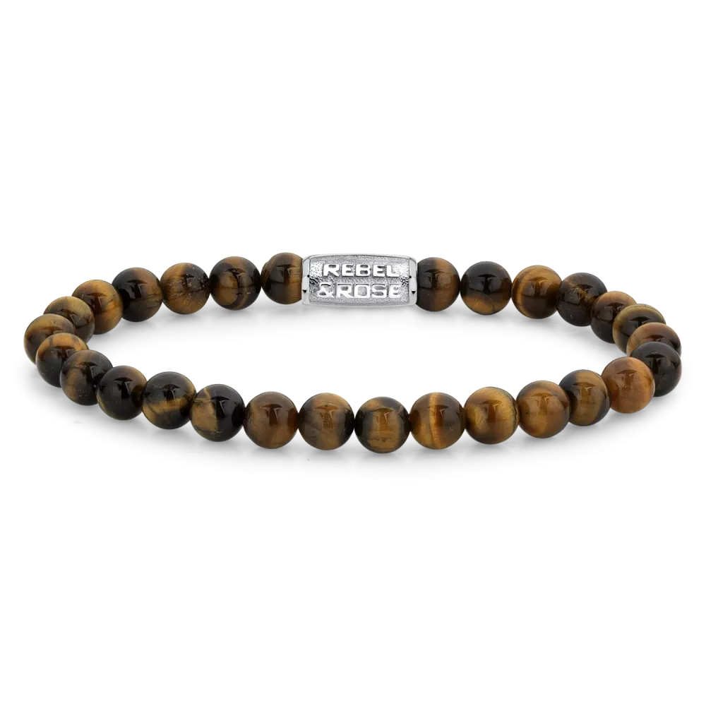 Bracelet avec perles œil de tigre et fermoir en acier inoxydable avec logo Rebel&Rose
