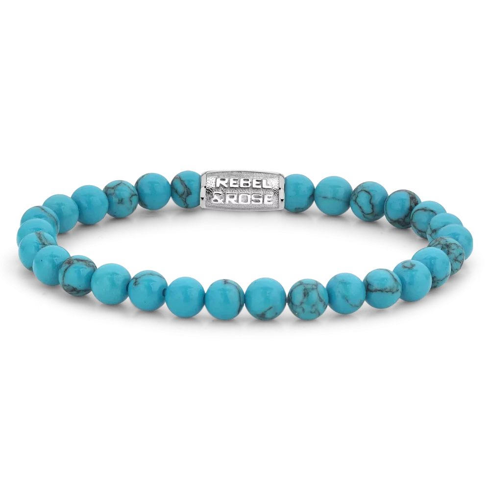 Bracelet en pierres précieuses turquenite de 6 mm avec fermoir en acier inoxydable - Rebel&Rose Modèle : RR-60015-S-L