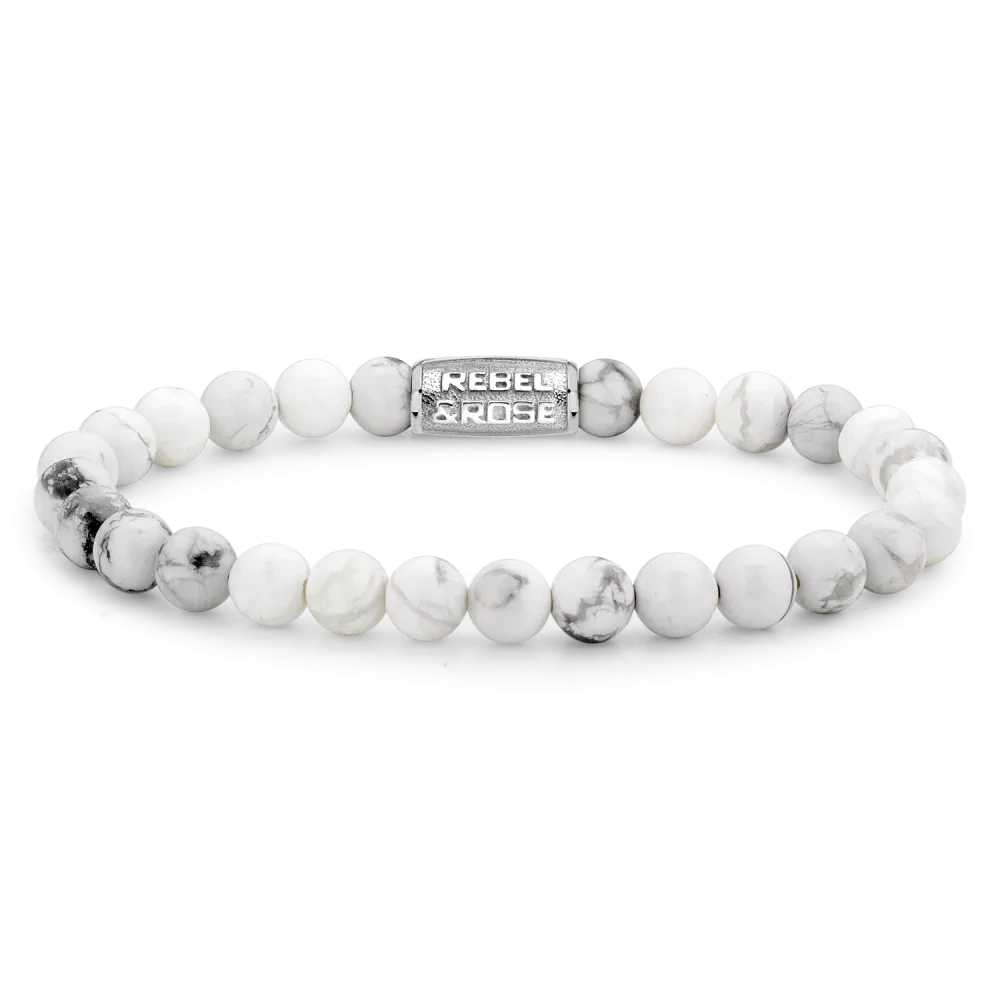 Bracelet jonc perlé blanc en pierre naturelle de 6 mm avec fermoir en acier inoxydable, gravure Rebel&Rose