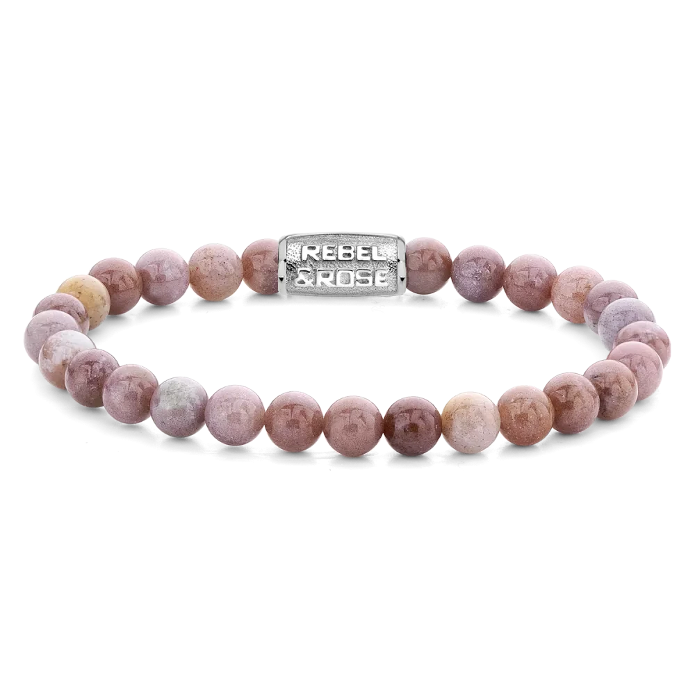 Bracelet en perles de rhodonite rose pâle, fermoir en acier inoxydable gravé Rebel&Rose