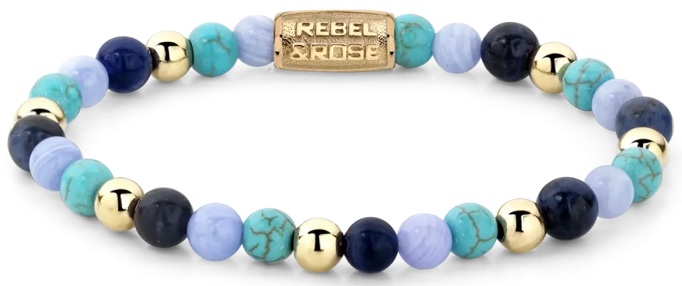 Bracelet avec pierres sodalite, turquenite et calcédoine de 6 mm, capuchons dorés, Rebel&Rose