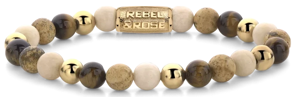 Bracelet Rebel&Rose avec perles rondes en pierres précieuses jaunes, blanches et marron foncé, et fermoir en métal