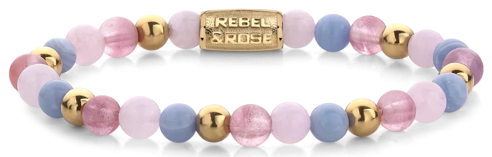 Bracelet en pierres fines 6mm Quartz Cerise, Quartz Rose et Calcédoine Bleue, apprêts dorés et fermoir acier inoxydable - Rebel&Rose Modèle : RR-60055-G-S