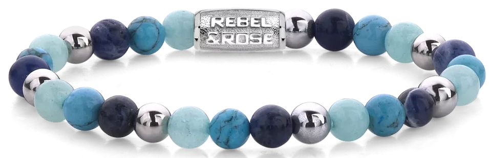 Bracelet avec perles de pierres précieuses turquoise et bleues, anneaux intermédiaires et fermoir argentés