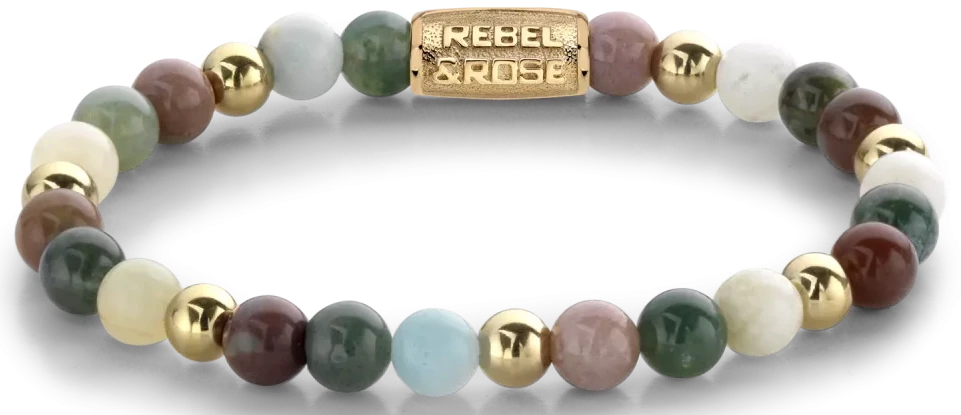 Bracelet avec perles colorées en pierres précieuses et fermoir doré, Rebel&Rose