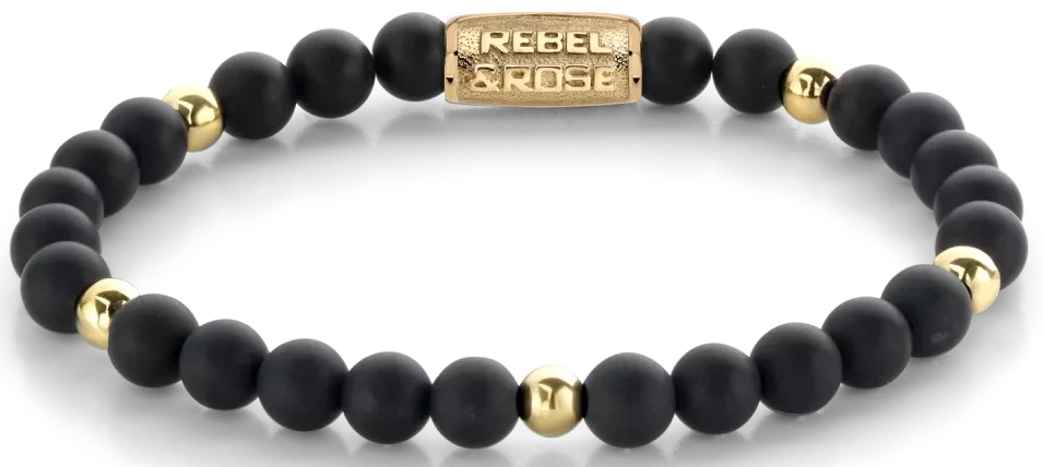 Bracelet avec perles noires (6 mm) et éléments dorés, fermoir en acier inoxydable