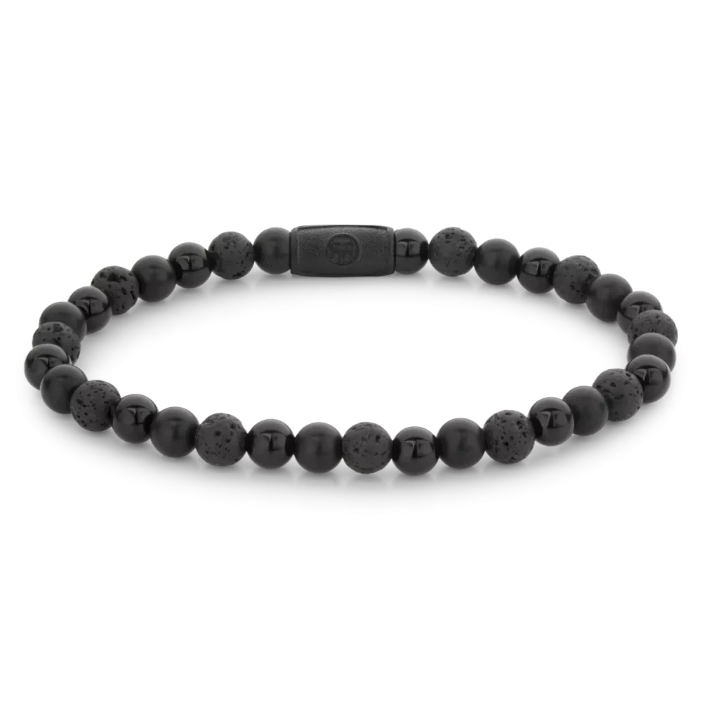 Bracelet avec perles noires en pierre naturelle (6 mm) et fermoir en acier inoxydable noir