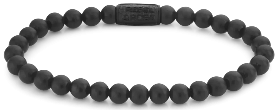 Bracelet noir avec perles en pierre naturelle (6 mm) et fermoir en acier inoxydable noir