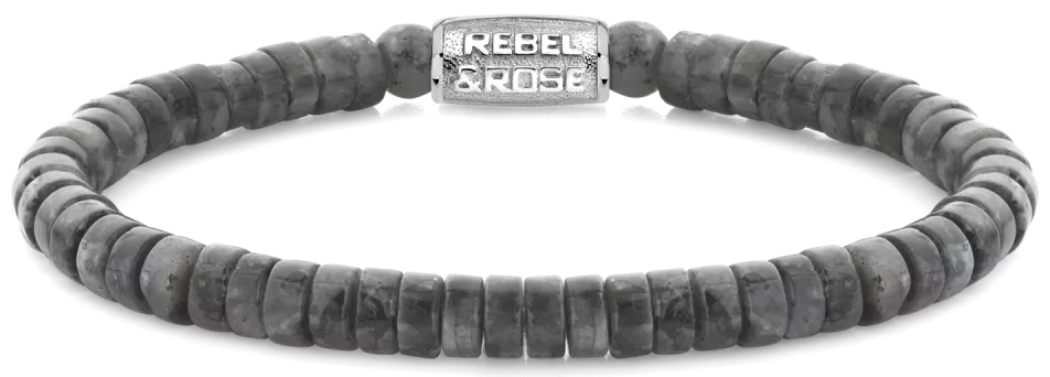 Bracelet avec perles en pierre naturelle grise et fermoir en acier inoxydable, gravure Rebel&Rose