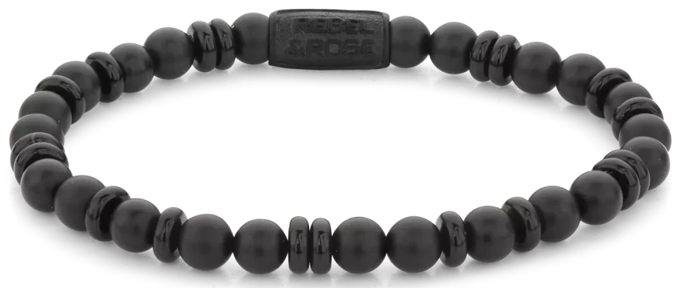 Bracelet en onyx noir avec perles et disques, fermoir en acier inoxydable noir