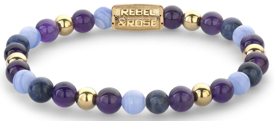 Bracelet en pierres de 6 mm (Améthyste, Sodalite, Agate, Acier plaqué or 18 carats) avec fermoir en acier inoxydable plaqué or - Rebel&Rose Modèle : RR-60109-G-M