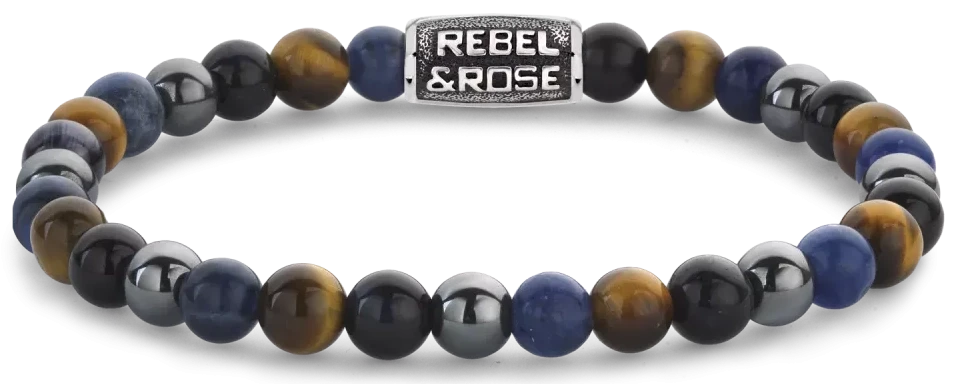Bracelet en pierres précieuses avec perles bleues et or jaune ainsi que pierres d'hématite grises, fermoir REBEL&ROSE