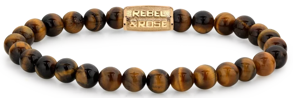 Bracelet en pierre naturelle 6mm aspect œil de tigre avec fermoir en acier inoxydable plaqué or - Rebel&Rose Modèle : RR-60120-G-S