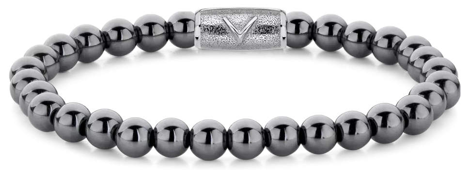 Bracelet en perles d'hématite (6 mm) avec fermoir en acier inoxydable, éclat argenté foncé