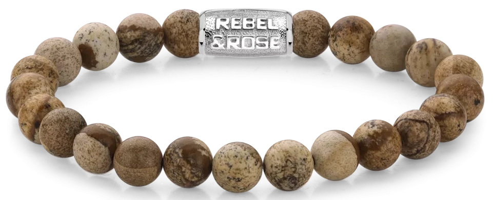 Bracelet en perles de jaspe avec fermoir en métal, perles rondes jaune-brun