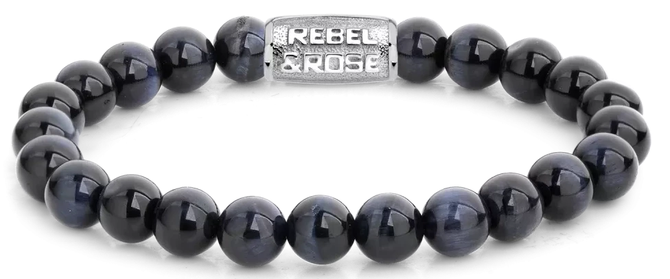 Bracelet en œil de tigre de 8 mm (bleu foncé) avec fermoir en acier inoxydable, Rebel&Rose