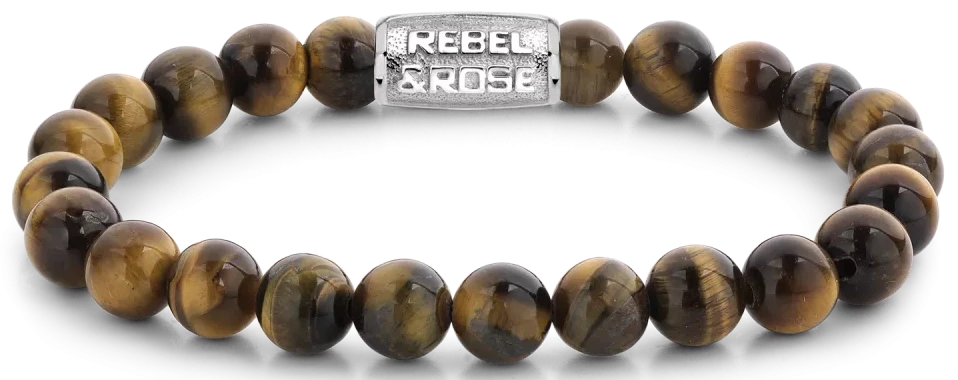 Bracelet avec grosses perles œil de tigre et fermoir en acier inoxydable, inscription Rebel&Rose