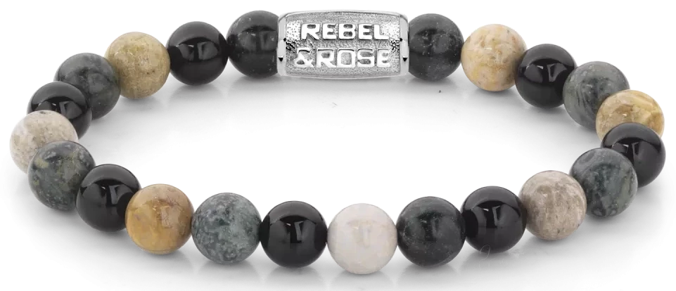 Bracelet en pierre avec perles rondes grises, noires et beiges et fermoir en acier inoxydable