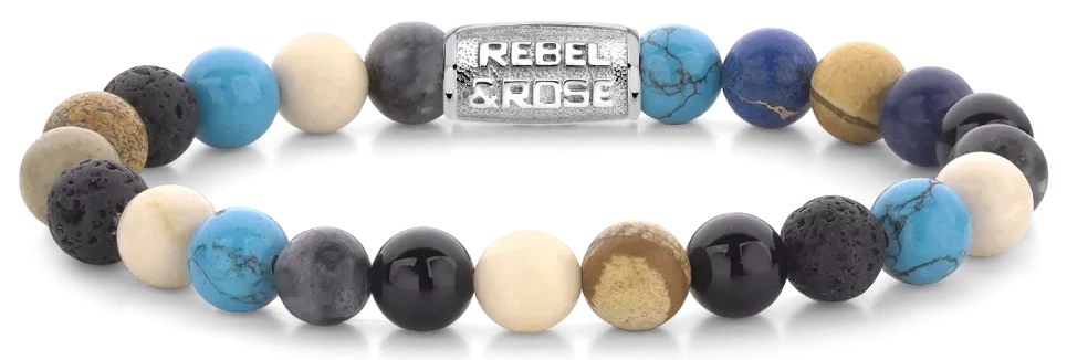 Bracelet en perles de pierres précieuses avec fermoir en acier inoxydable, perles rondes bleues, noires et beiges