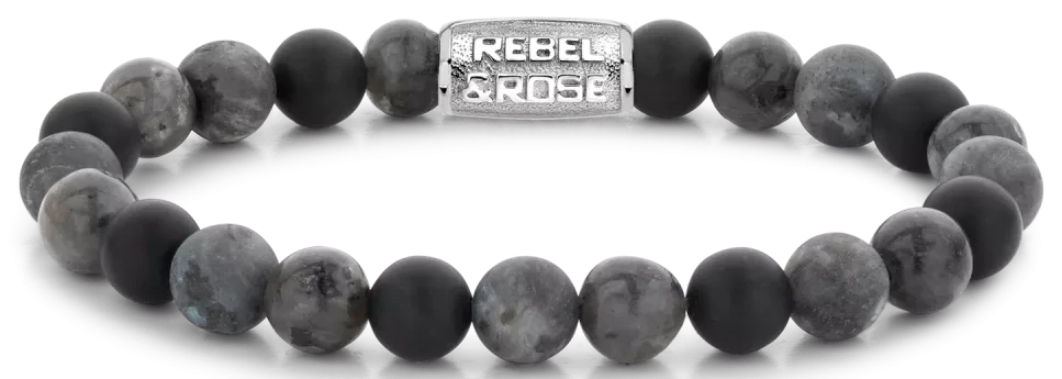 Bracelet avec perles d'howlite (8 mm) et fermoir en acier inoxydable, billes noires et grises