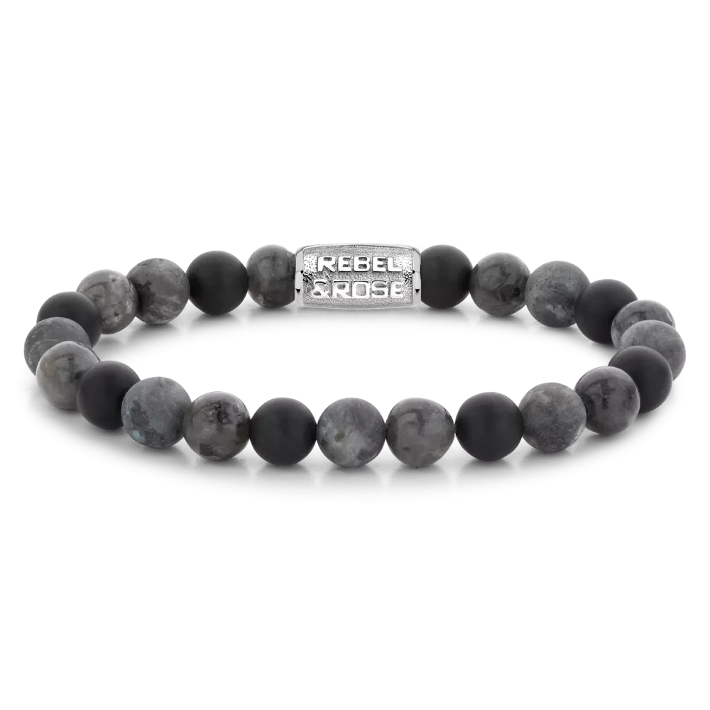Bracelet avec pierres précieuses grises de 8 mm et fermoir en acier inoxydable, bracelet de perles