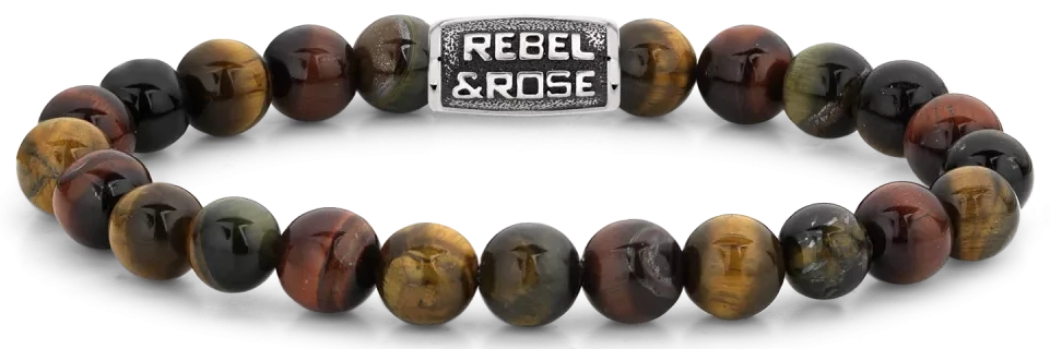 Bracelet en pierres précieuses œil de tigre de 8 mm avec fermoir en métal - Rebel&Rose Modèle : RR-80095-V-M