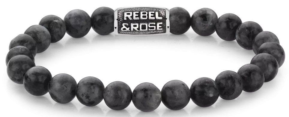 Bracelet avec perles noires de larvikite et fermoir en acier noir Rebel&Rose