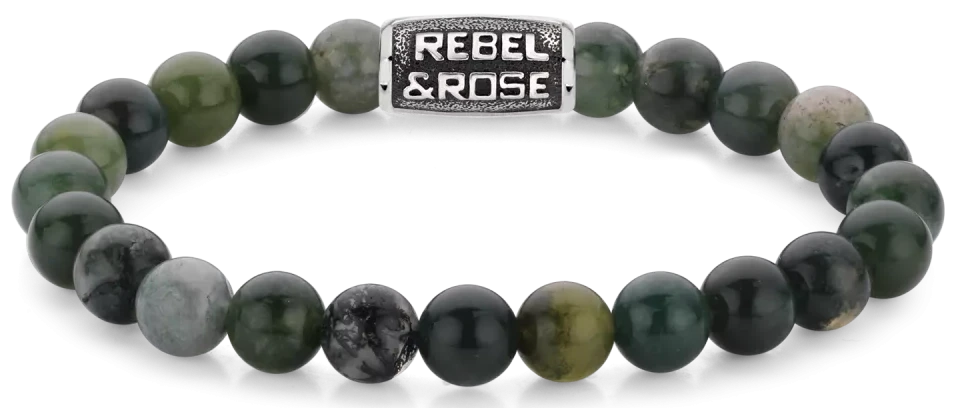 Bracelet en pierres d'agate mousse vert foncé de 8 mm avec fermoir en acier vert foncé - Modèle Rebel&Rose : RR-80098-V-M