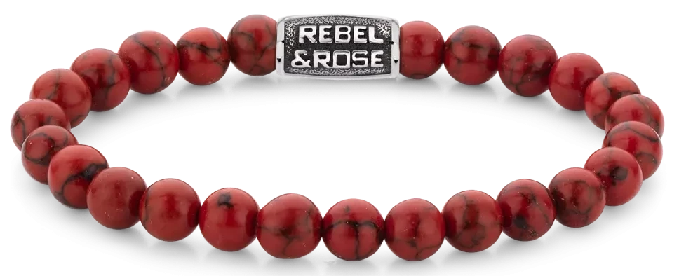 Bracelet en perles rouges avec fermoir en acier inoxydable gris et logo Rebel&Rose