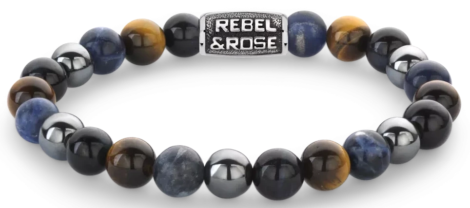 Bracelet avec perles rondes en pierres précieuses, fermoir en acier inoxydable gris et plaque logo Rebel&Rose